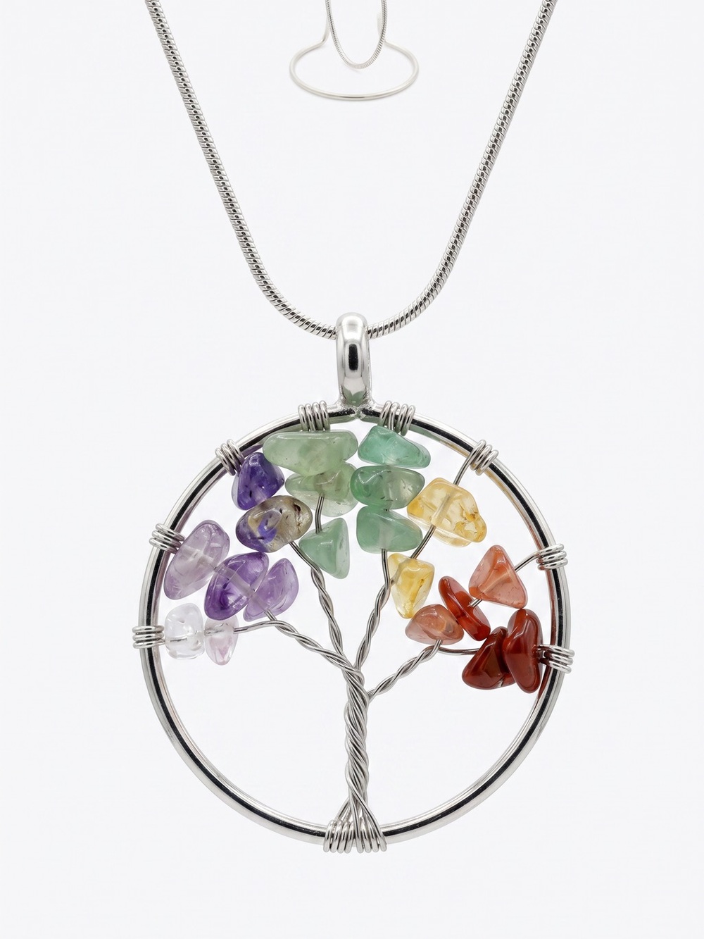 Citrine, Amethyst, Carnelian Jade Crystal Tree of Life Silver 30” Necklace
